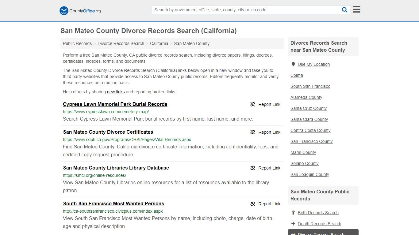 San Mateo County Divorce Records Search (California)